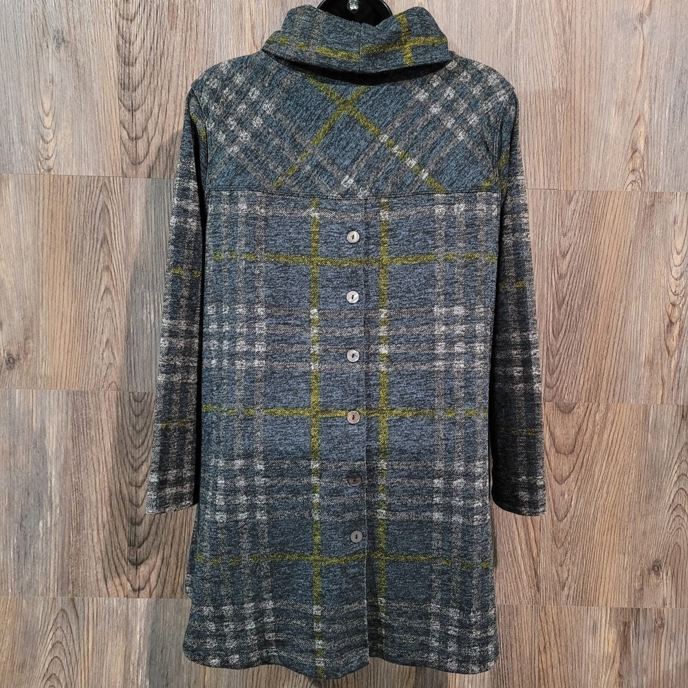 John Mark Cowl Neck Tunic Size M Muted Plaid Button Back 3/4 Sleeve Relaxed Fit